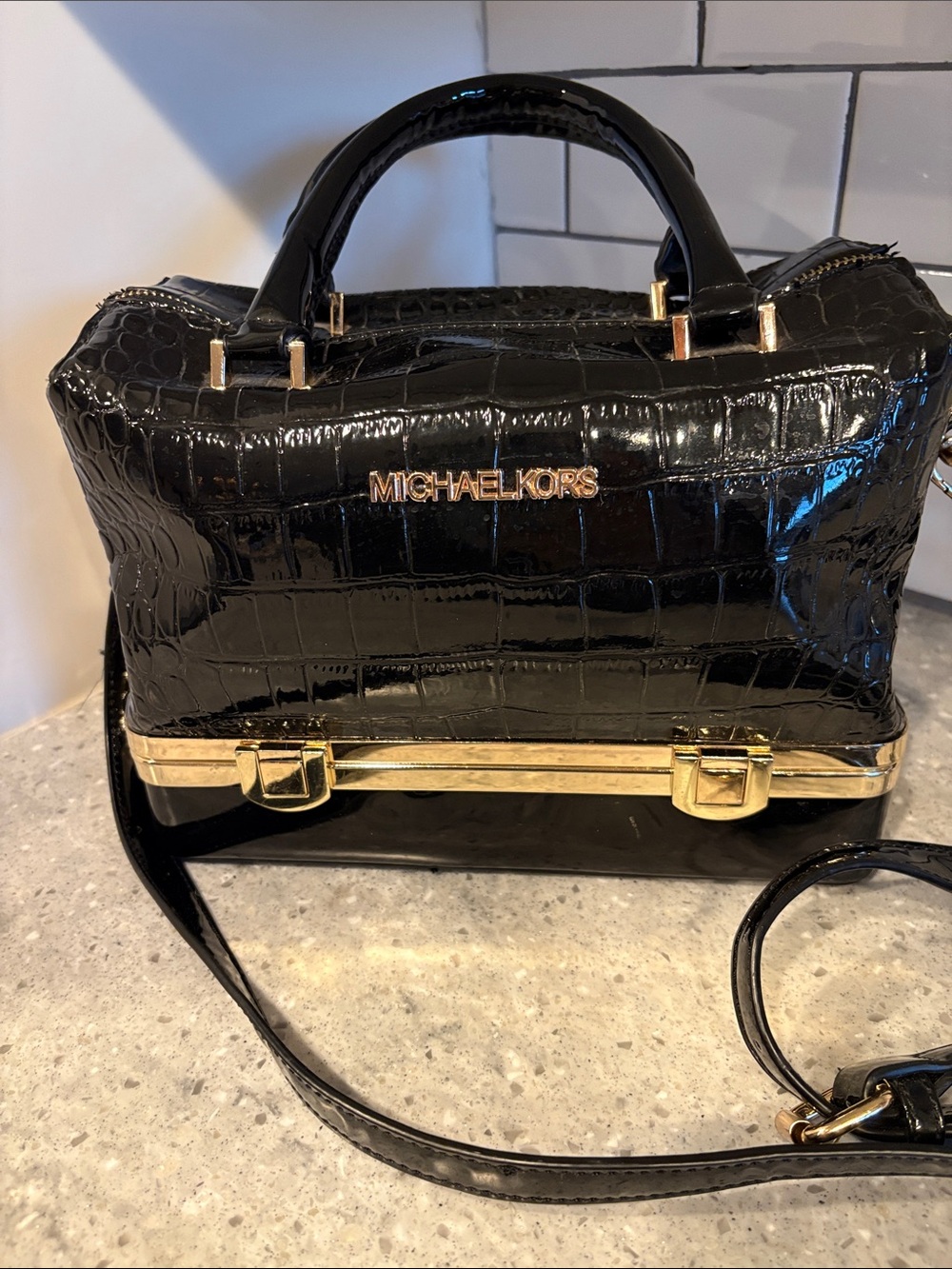 Michael Kors Black Croc-Embossed Satchel with Gold Hardware